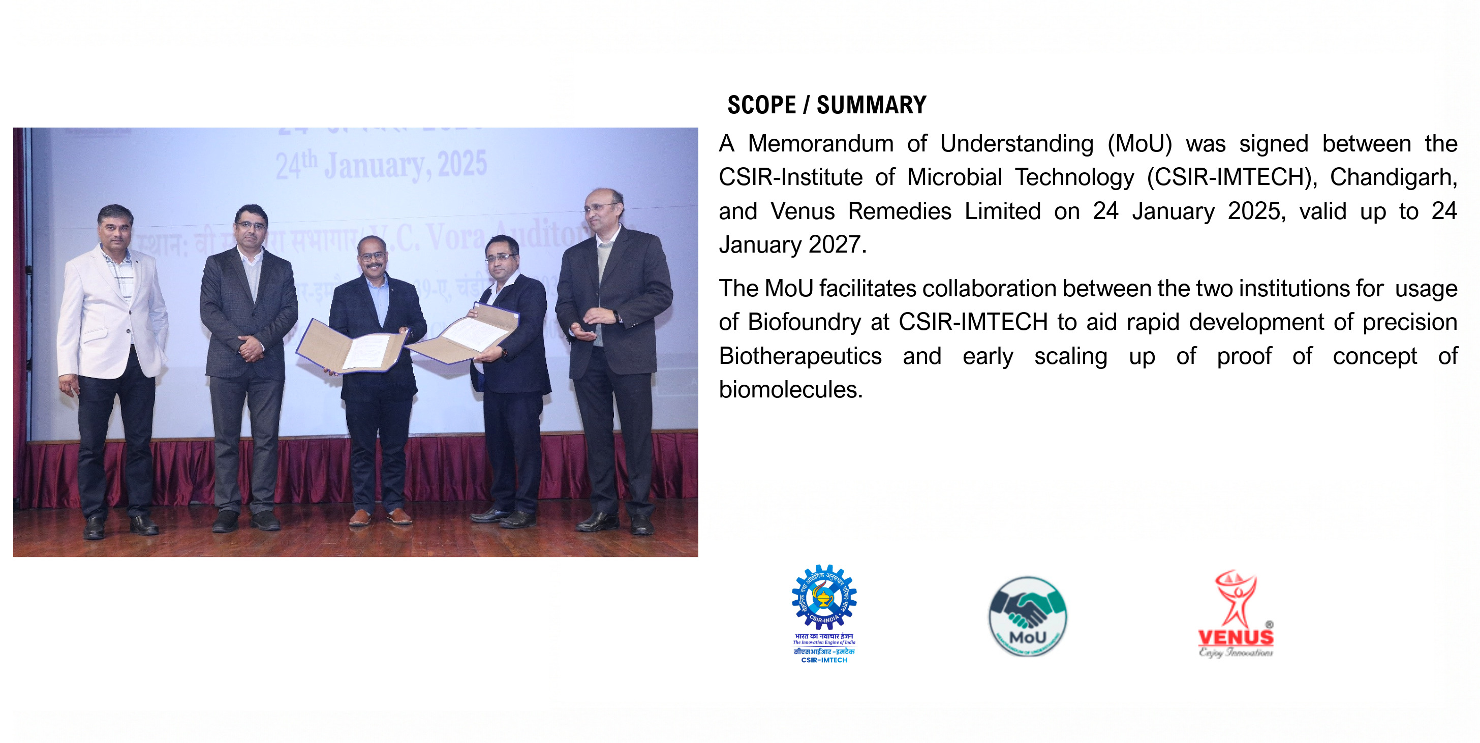 MOU signing with Venus Remedies Limited